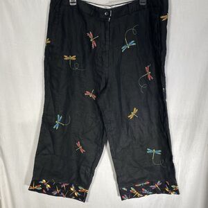 Vintage PARAPHRASE Capri Pants Linen Embroidered Beads Dragonfly Womens 14 Black